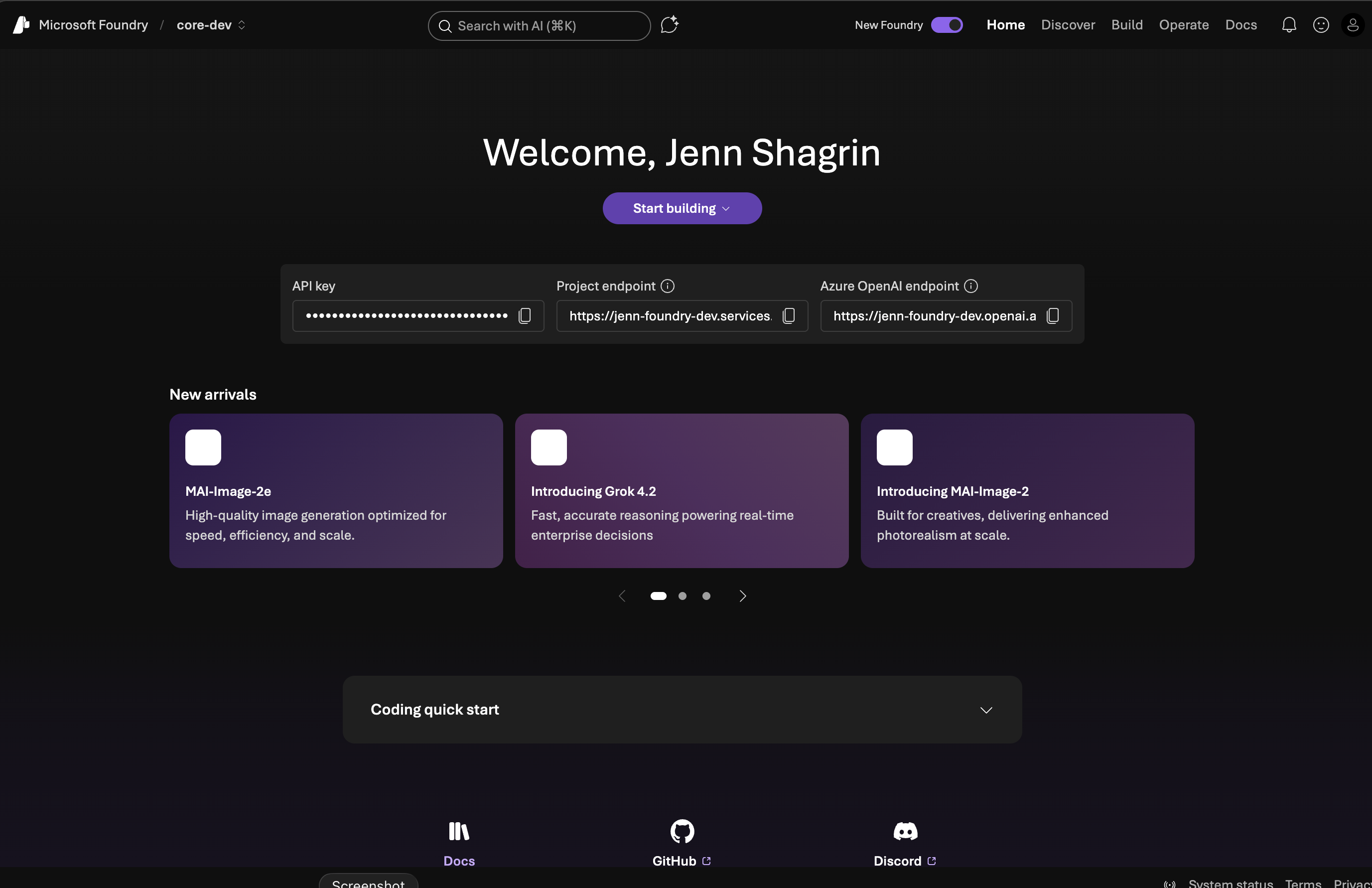 Microsoft Foundry portal — core-dev-eus2 project home, Build/Operate/Discover navigation